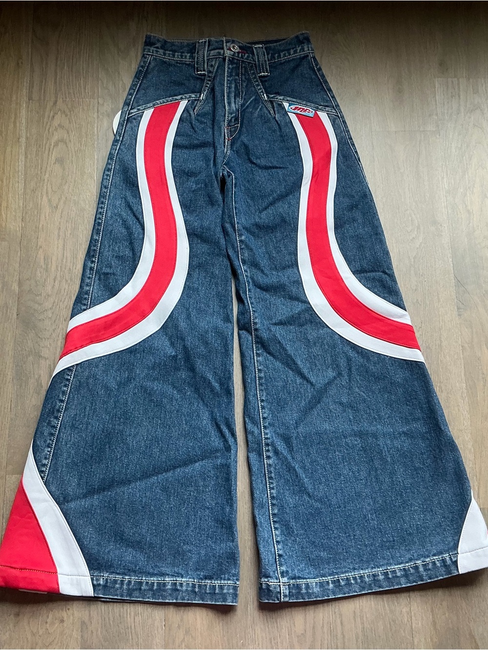 JNCO Dark Blue Wide-Leg Jeans with Red & White Curved Stripes